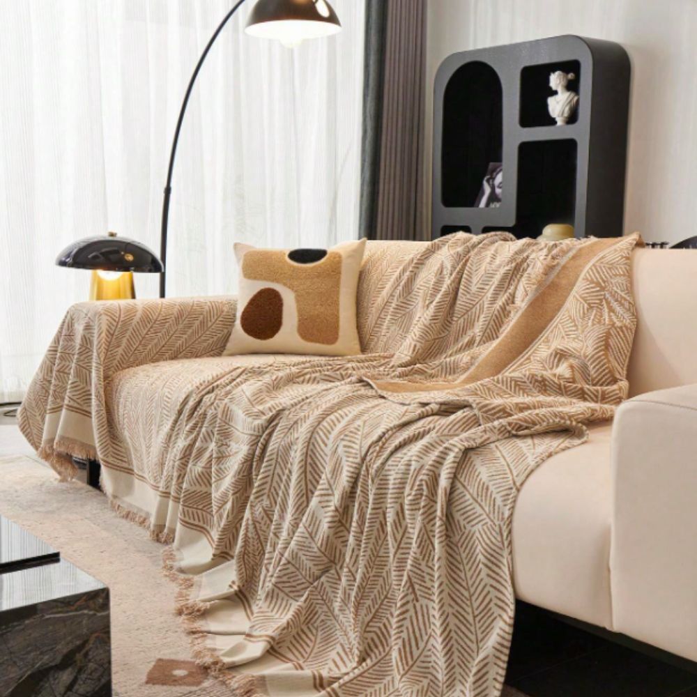 Chenille-Sofaüberwurf mit Blattmuster, rutschhemmend