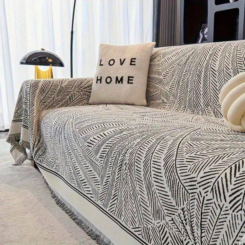 Chenille-Sofaüberwurf mit Blattmuster, rutschhemmend