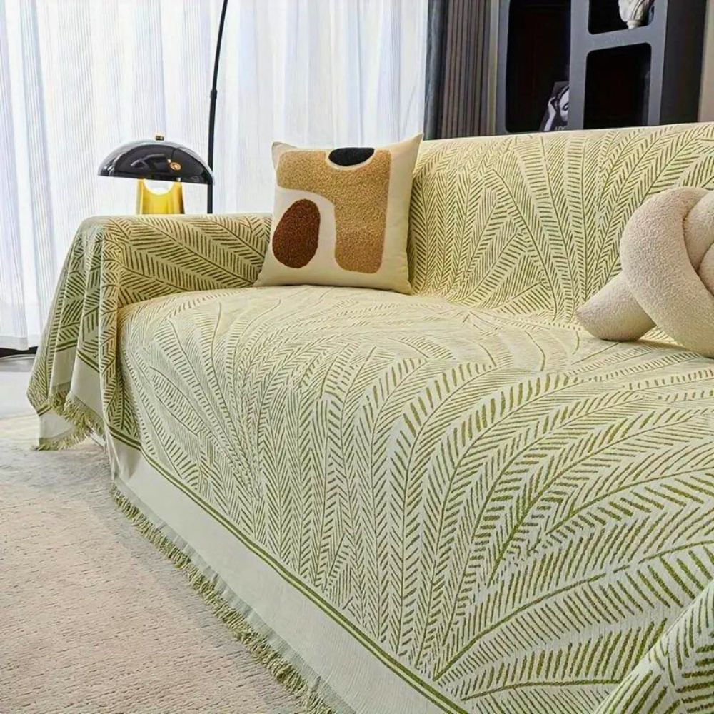 Chenille-Sofaüberwurf mit Blattmuster, rutschhemmend