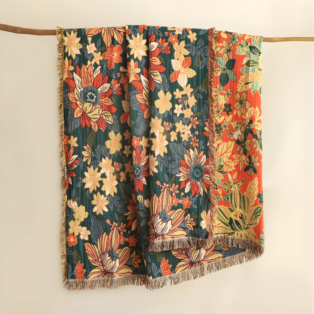 Tagesdecke aus Baumwollmusselin mit Blumenmuster und Fransen