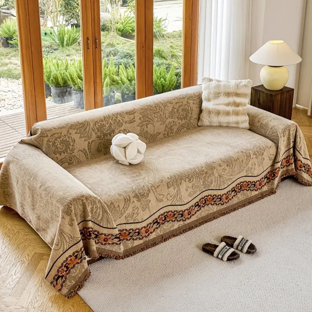 Sofaüberwurf Chenille Blüten mit Quasten