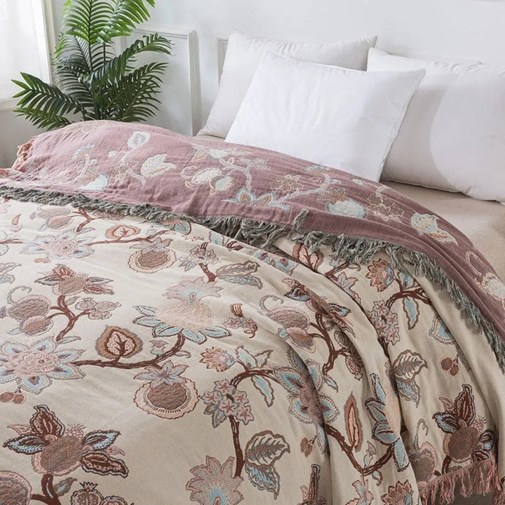 Tagesdecke aus Jacquard-Baumwolle mit Orchideen und Quasten