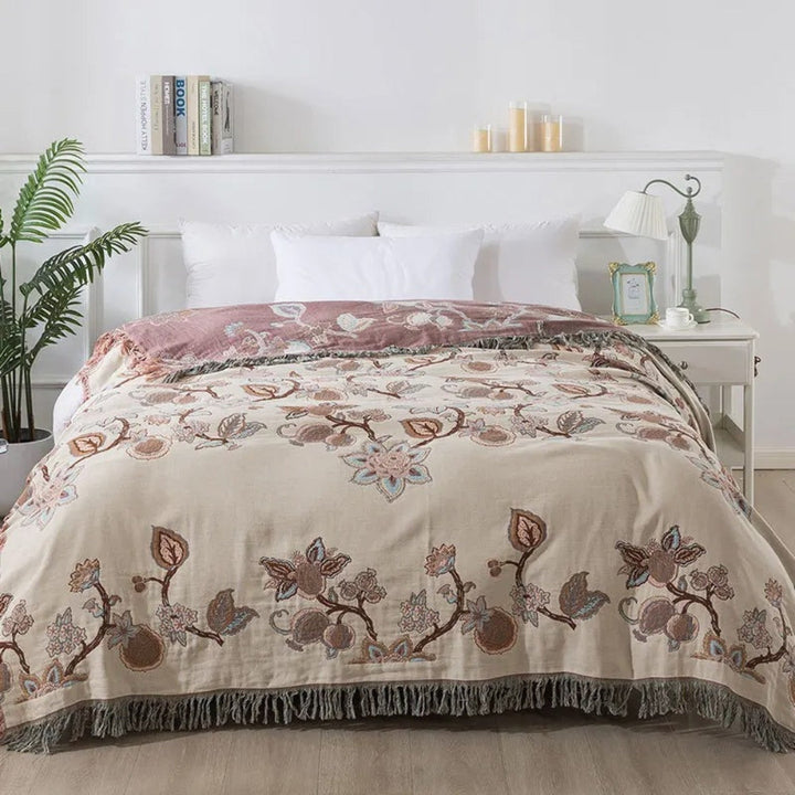Tagesdecke aus Jacquard-Baumwolle mit Orchideen und Quasten