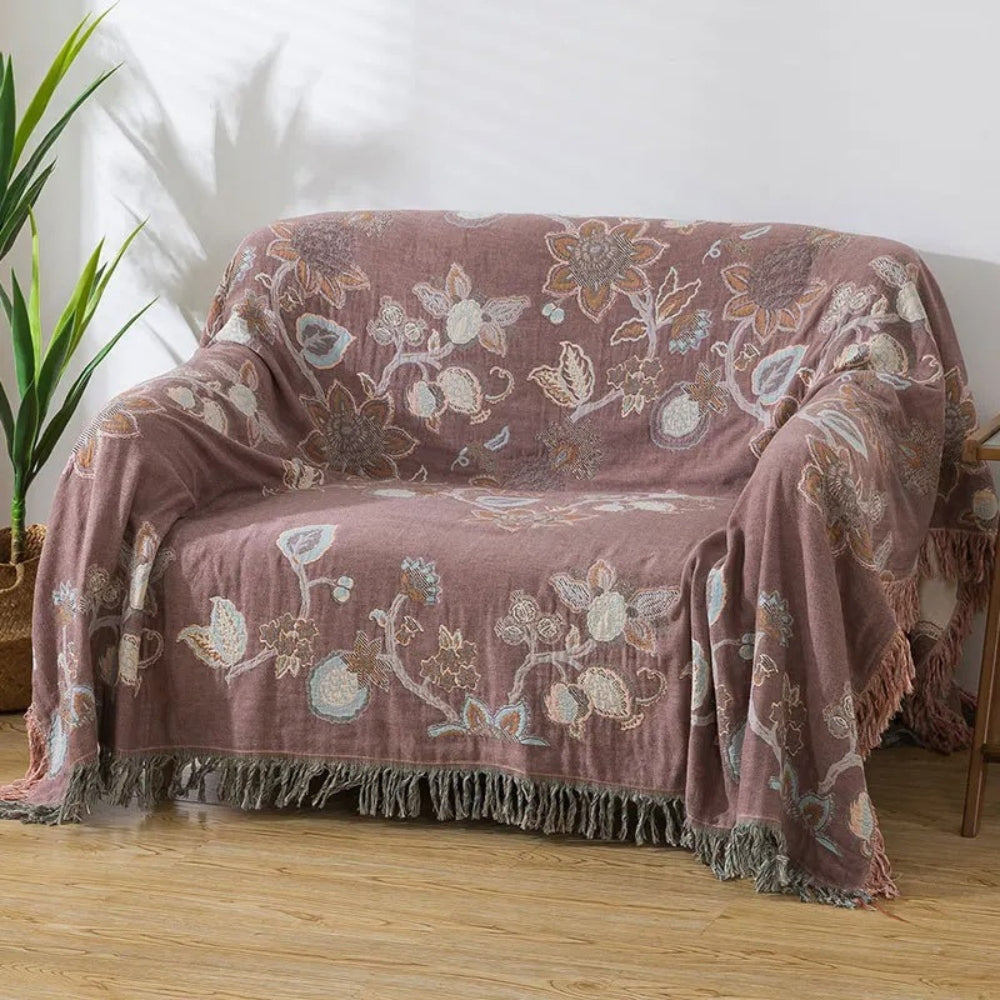 Tagesdecke aus Jacquard-Baumwolle mit Orchideen und Quasten