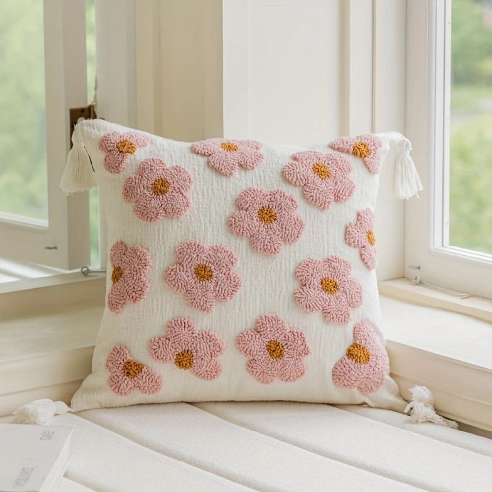 Kissenbezug getuftet mit Blüten und Quasten 45x45 cm – Ansicht 03