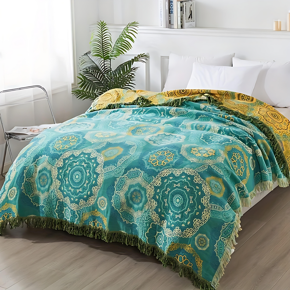Baumwolldecke mit Mandala in Petrolblau 200 x 230 cm