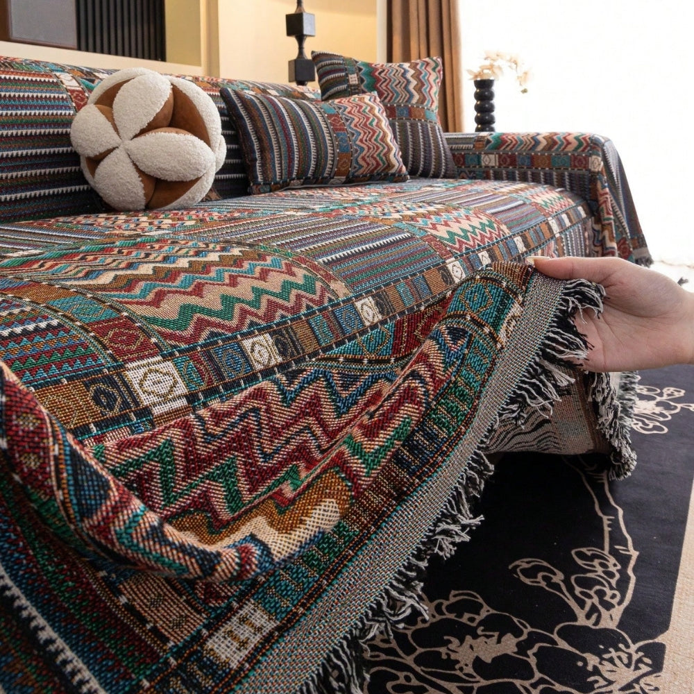 Sofaüberwurf Chenille Ethno-Streifen