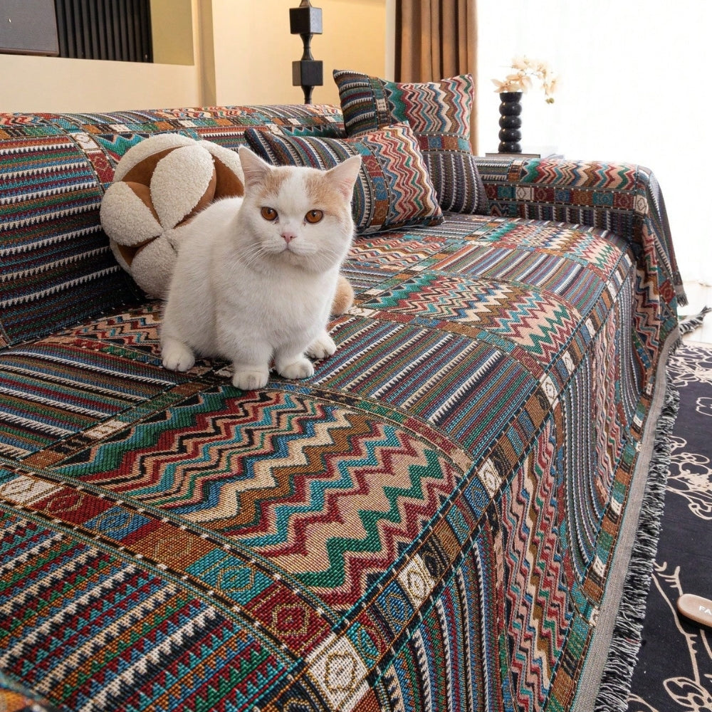 Sofaüberwurf Chenille Ethno-Streifen