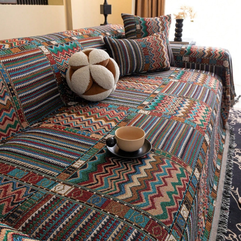 Sofaüberwurf Chenille Ethno-Streifen