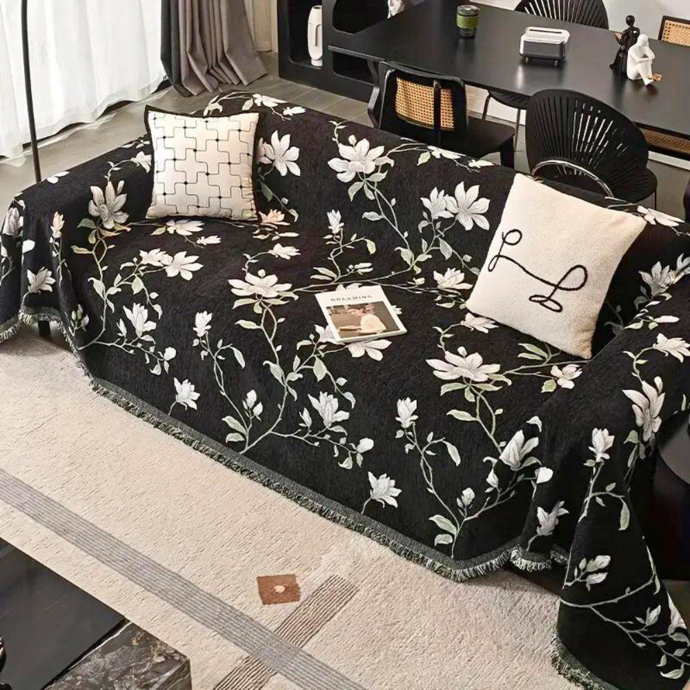 Chenille-Sofaüberwurf mit Vintage-Blumen und Quasten