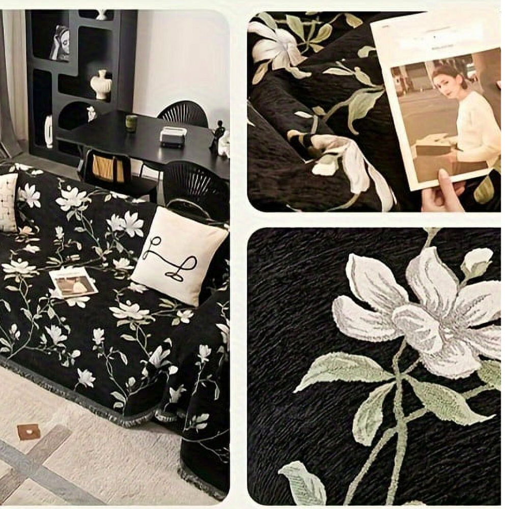 Chenille-Sofaüberwurf mit Vintage-Blumen und Quasten
