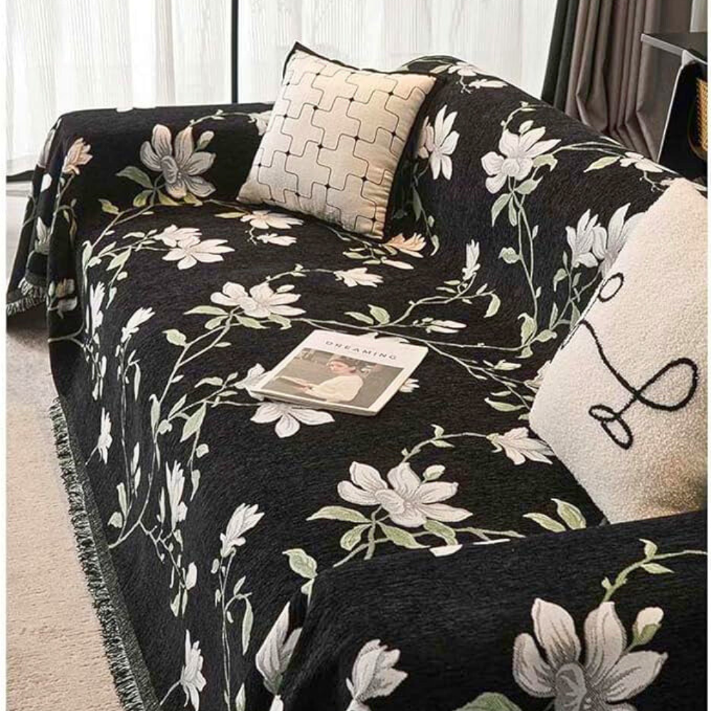Chenille-Sofaüberwurf mit Vintage-Blumen und Quasten
