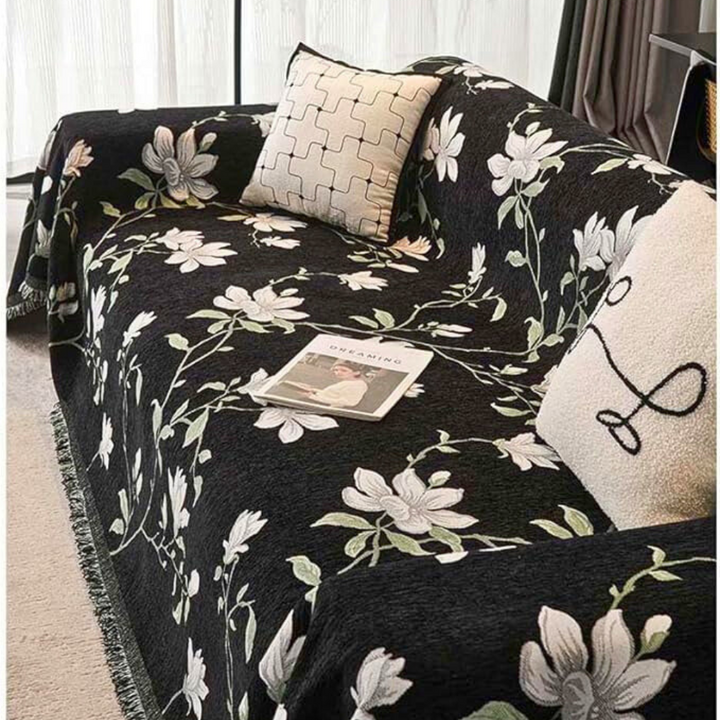 Chenille-Sofaüberwurf mit Vintage-Blumen und Quasten