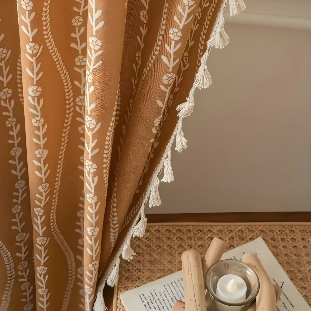 Vorhang Ährenstickerei Beige mit Quasten