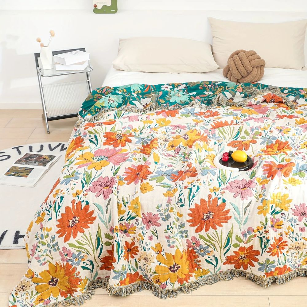Baumwolldecke mit Wildblumenmotiv 200 x 230 cm