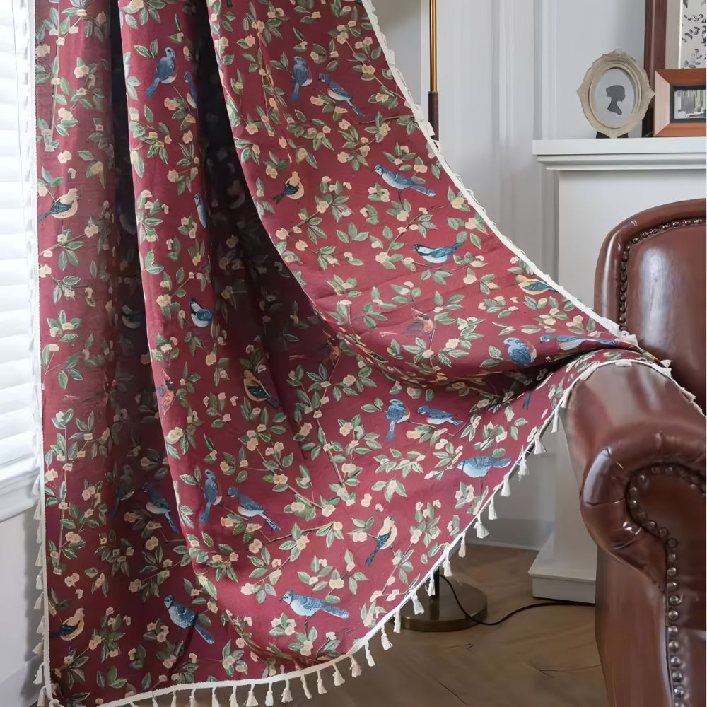 Vorhang Blütenjacquard mit Fransen halbverdunkelnd