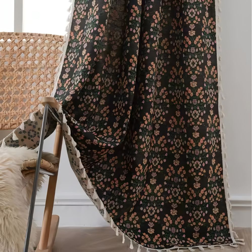 Vorhang Blütenjacquard mit Fransen halbverdunkelnd