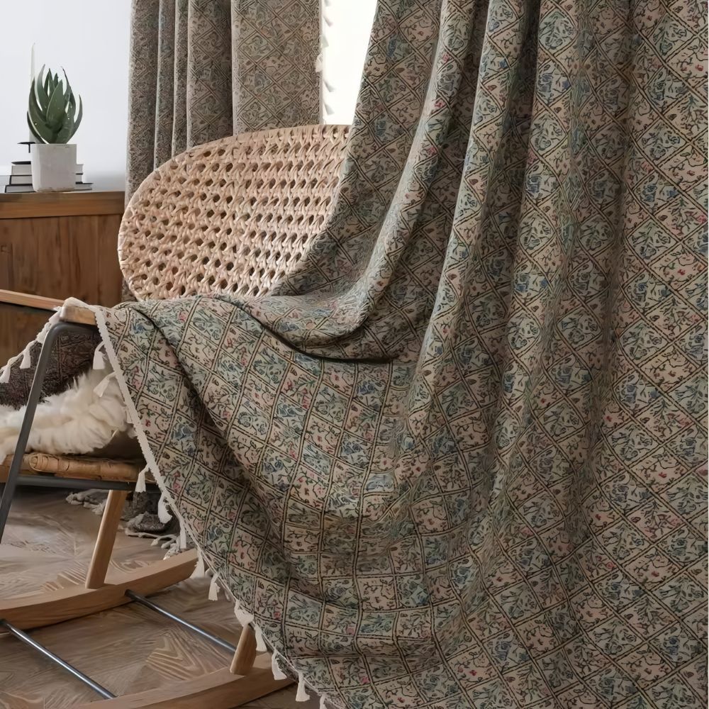 Vorhang Blütenjacquard mit Fransen halbverdunkelnd