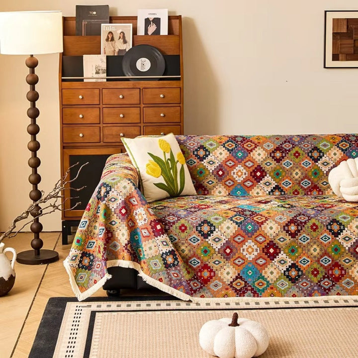 Jeté de canapé à motif kilim et glands