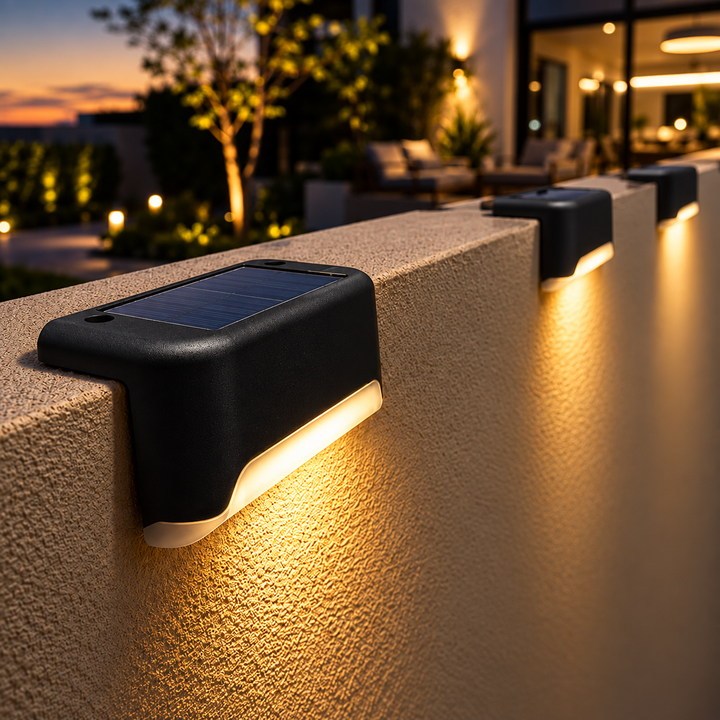 Schwarze Solarleuchte mit warmweißem Licht auf einer Terrassenmauer