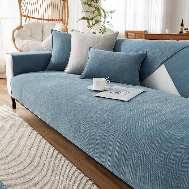 Wasserdichter Chenille-Sofabezug mit Fischgrätmuster – Seeblau