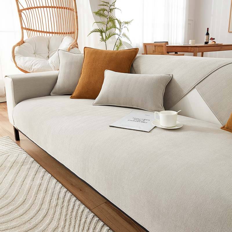 Wasserdichter Chenille-Sofabezug mit Fischgrätmuster – Beige