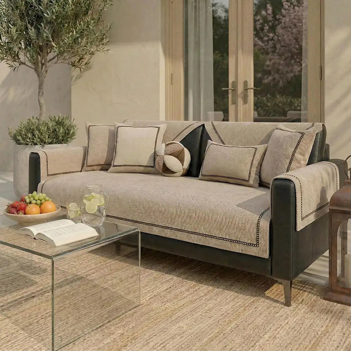 Wasserabweisender Chenille-Sofabezug mit Rillenstruktur – Sandbeige