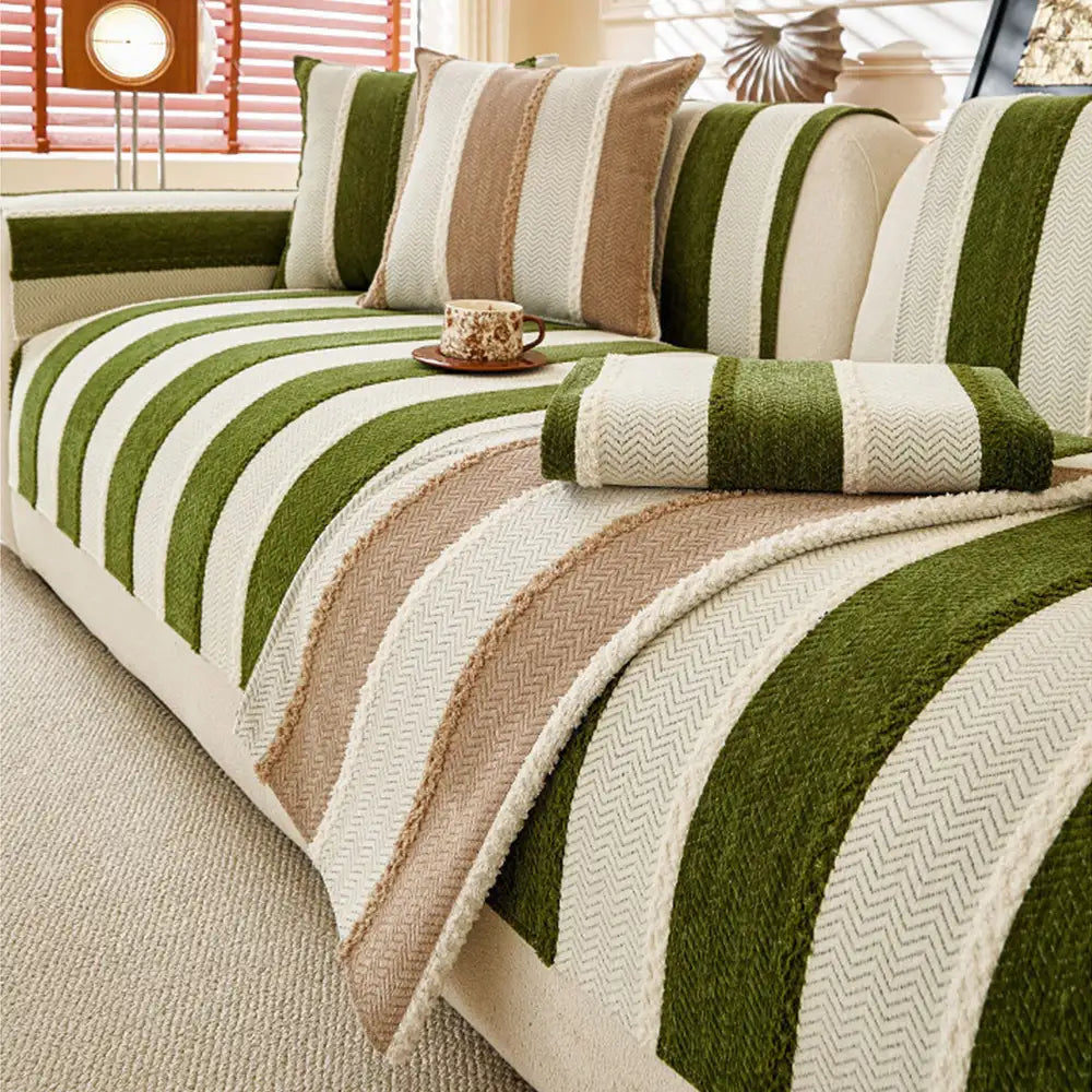 Gestreifter Vintage-Chenille-Sofabezug, rutschfest