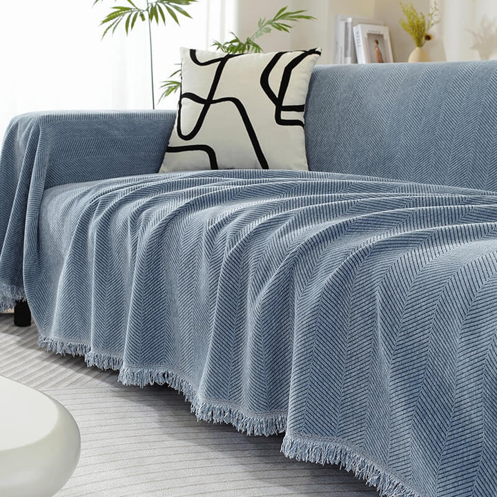 Chenille-Sofaüberwurf mit Fischgrätmuster und Fransen – Blau