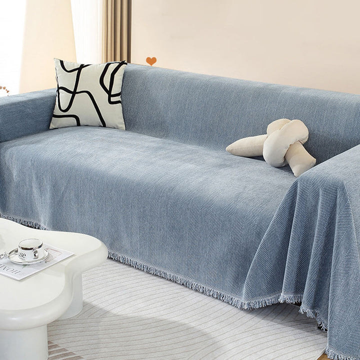 Chenille-Sofaüberwurf mit Fischgrätmuster und Fransen