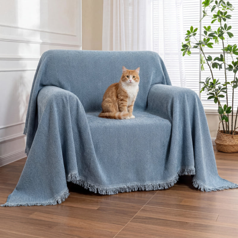 Chenille-Sofaüberwurf mit Fischgrätmuster und Fransen – Blau