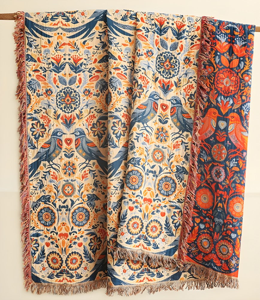 Tagesdecke aus Baumwolle mit Vogel- und Blumenmuster